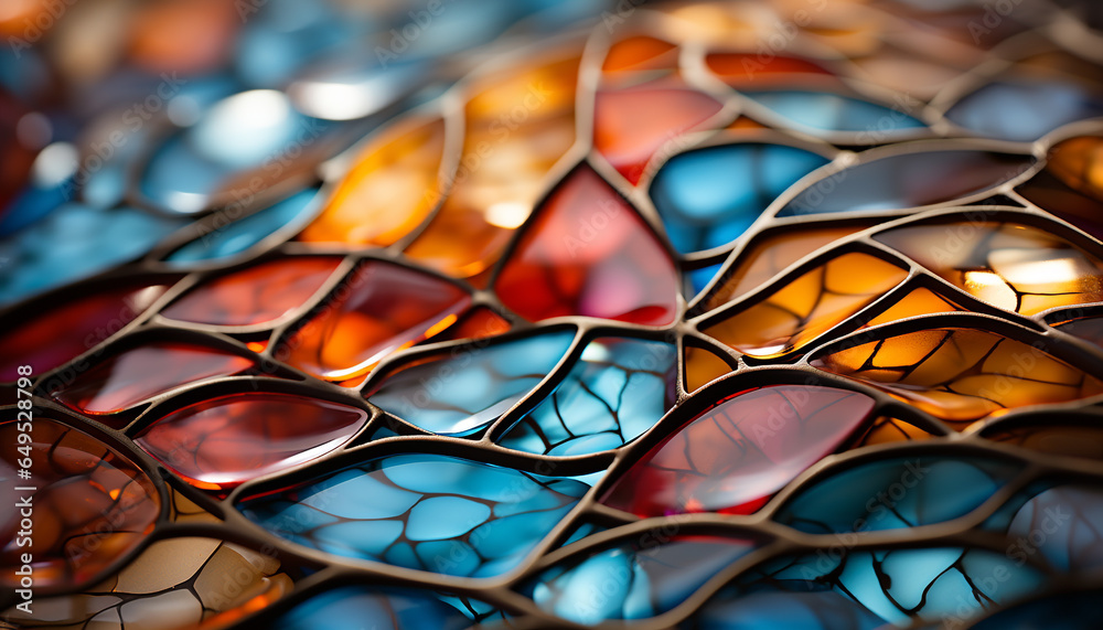Vibrant colors, abstract shapes, shiny glass, modern design, illuminated backdrop generated by AI
