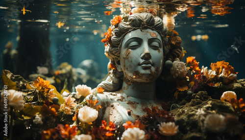 Religion spirituality in nature statue, water, sculpture, women, outdoors generated by AI