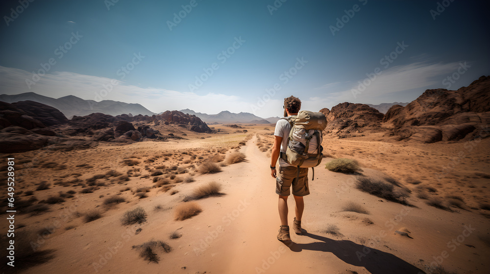 Backpacker man carrying a backpack walking in the desert alone dry road It is barren and hot, along with the mountains and the sky during the day.