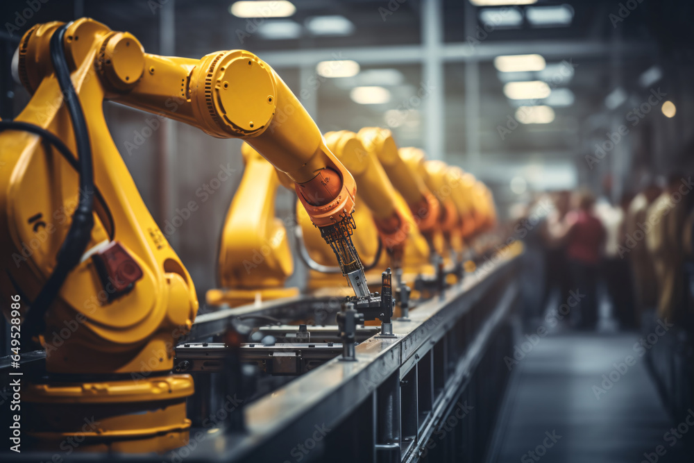 Yellow assembly robot. Futuristic high-tech innovation of technology in the product manufacturing industry. The work of machines replacing humans with AI robots. - obrazy, fototapety, plakaty 