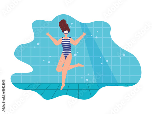 Underwater vector illustration. Underwater world. A woman diving under the sea.