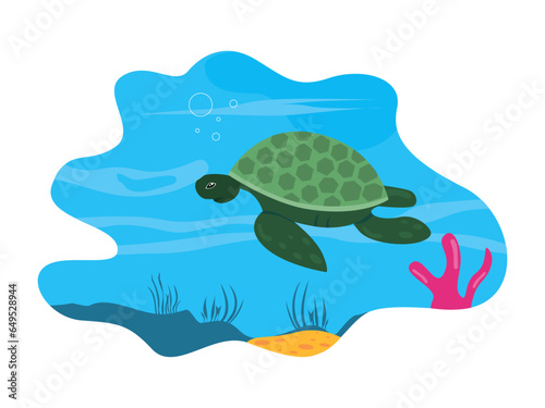 Fototapeta Naklejka Na Ścianę i Meble -  Underwater vector illustration. Underwater scenery with turtle, coral and seaweed. Underwater world.