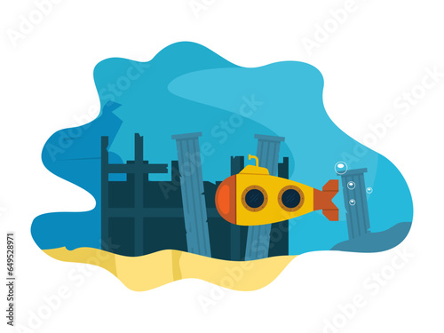 Underwater vector illustration. Underwater world. The submarine is under the sea. photo