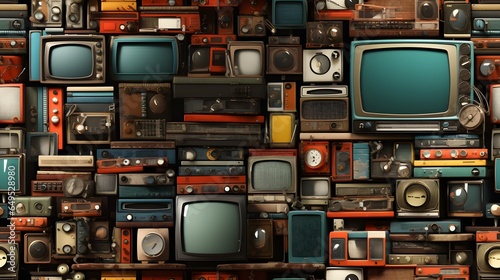 Seamless pattern. Old or vintage style televisions, radios, amplifiers and speakers of various sizes. Stack them on top of each other. Background image, backdrop or wallpaper.