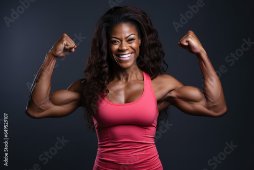 Photographie the woman with athletic gear shows her biceps while smiling