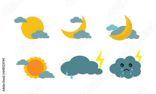 Weather illustration with cloud, sun, moon, rain and flash air condition