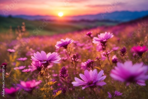 Vivid wildflower meadow creating a floral backdrop, picturesque scenery adorned with shades of purple and pink blooms, illuminated by the setting sun with a softly blurred backdrop. © Zeeshan