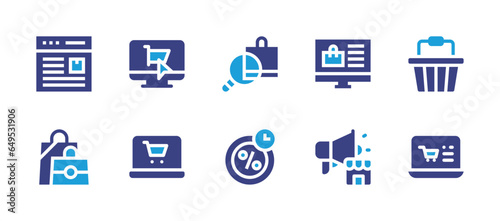 Ecommerce icon set. Duotone color. Vector illustration. Containing tracking, shopping, buy, online shopping, shopping basket, online shop, shopping bag, discount, advertising.