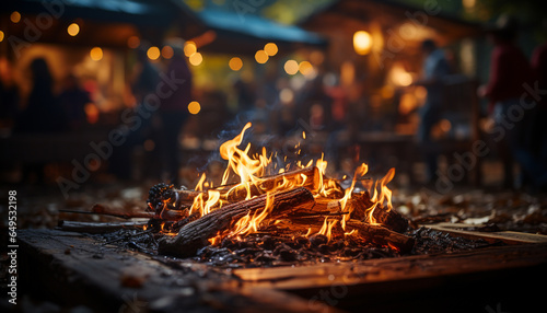 Glowing ember warms the night, wood crackles in bonfire generated by AI