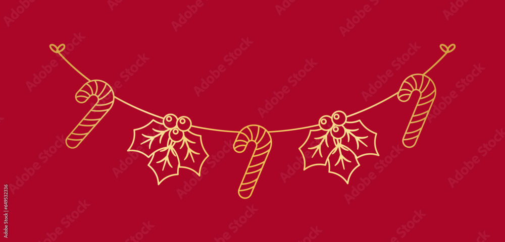 Gold Christmas Mistletoe and Candy Cane Garland Outline Doodle Vector Illustration, Christmas Festive Winter Holiday Season Bunting