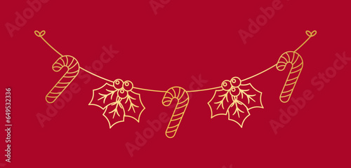 Gold Christmas Mistletoe and Candy Cane Garland Outline Doodle Vector Illustration, Christmas Festive Winter Holiday Season Bunting