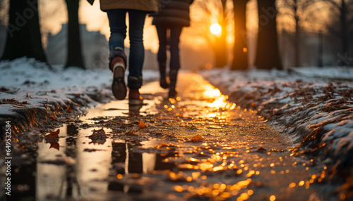 Two adults walking in the winter forest, enjoying the sunset generated by AI