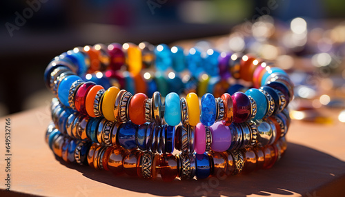 Fashion jewelry necklace, bracelet, personal accessory Shiny backgrounds, multi colored gemstone collection generated by AI