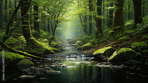 green forest with tree and stream. nature scene background concept