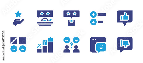 Feedback icon set. Duotone color. Vector illustration. Containing rating, review, rate, like, food, delivery box, rank, customer satisfaction, star.