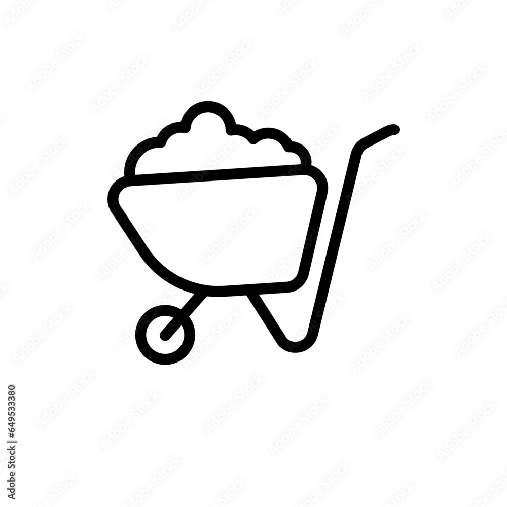 Wheelbarrow farming icon with black outline. wheelbarrow, garden, cart, gardening, tool, wheel, equipment. Vector illustration Wheelbarrow farming icon with black outline. wheelbarrow, garden, cart, gardening, tool, wheel, equipment. Vector illustration