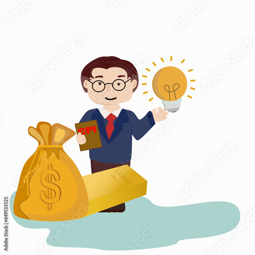 business manHolding a notebook with the message cpi written on it, with Gold bars, bags of dollars and yellow light