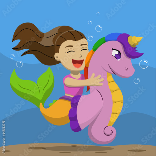 ilustración de una sirena con un unicornio, vector de sirena y unicornio marino, ilustración de cuento infantil, tarjeta infantil