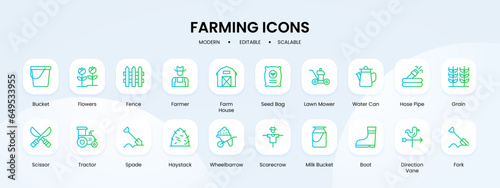 Farming icon collection with blue and green gradient outline style. agriculture, set, farm, harvest, nature, farming, plant. Vector illustration