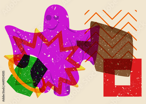 Risograph Halloween Ghost with Speech Bubble and geometric shapes. Holiday in trendy riso graph design. Spooky paranormal entity with abstract print texture style.