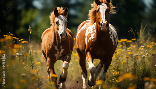 Thoroughbred horse running in meadow  jumping fence  surrounded by nature generated by AI