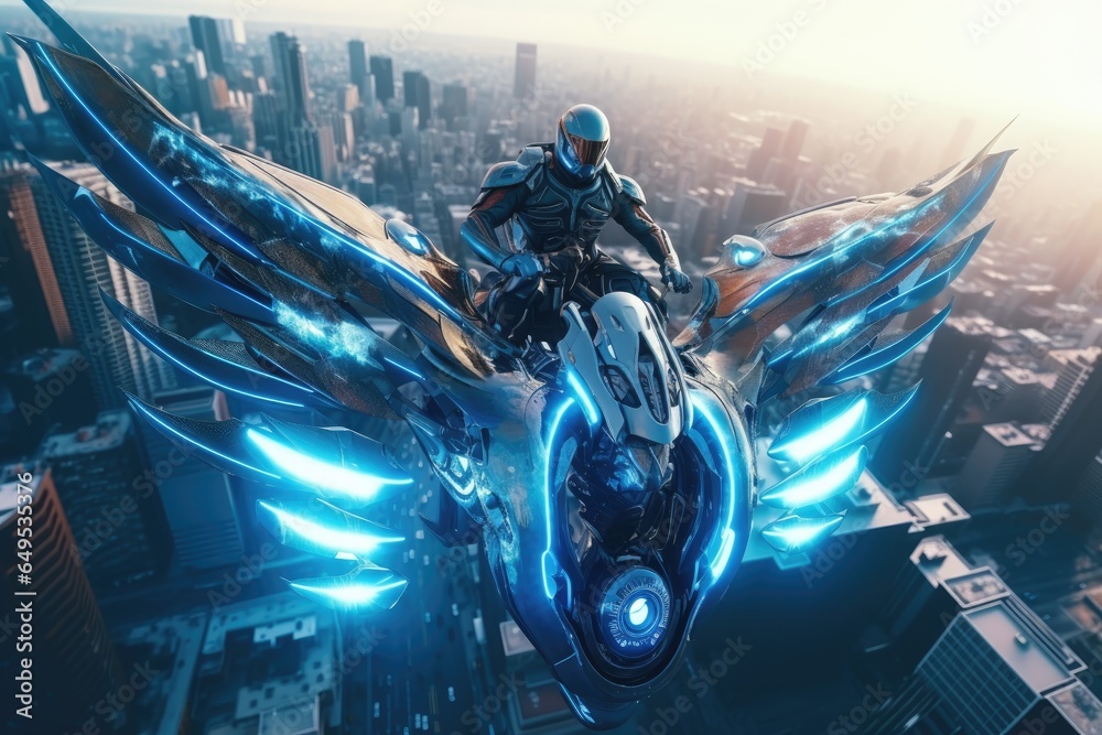 a man drive futuristic motorbike fly on city beside  skyscraper building