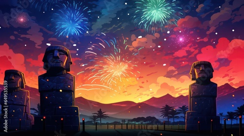 Moai Statues Poster in the Night with Fire Work View in New Year Celebration generative ai photo