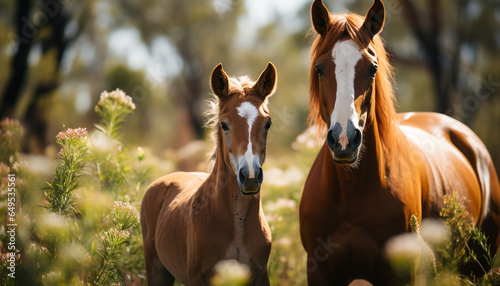 Beautiful mare and foal grazing in green meadow generated by AI photo