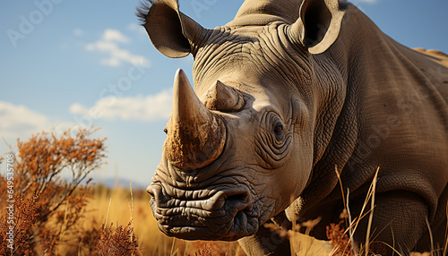 Large rhinoceros grazing in the African savannah, close up portrait generated by AI