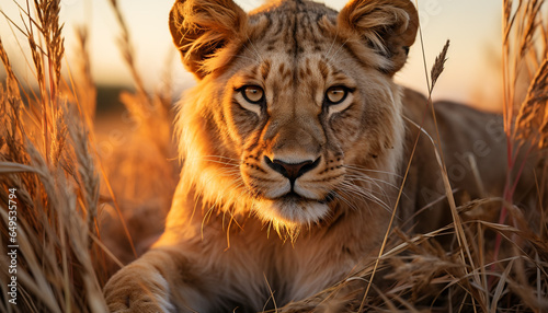 Majestic lioness staring, hiding in grass, tranquil sunset savannah generated by AI