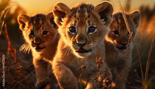 Cute lion cub playing in the grass at sunset generated by AI