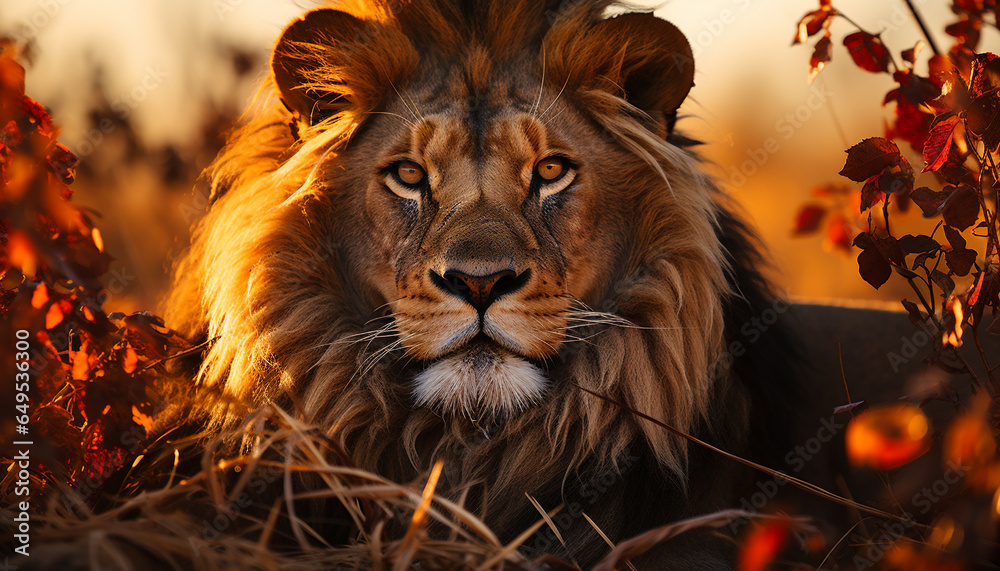 Majestic lion in the wild, staring at camera, beautiful sunset generated by AI