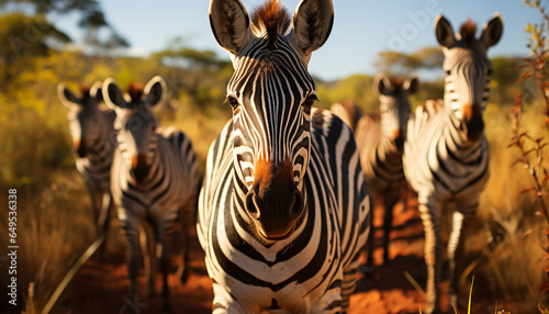 Zebra herd grazing on plain  standing in a row generated by AI