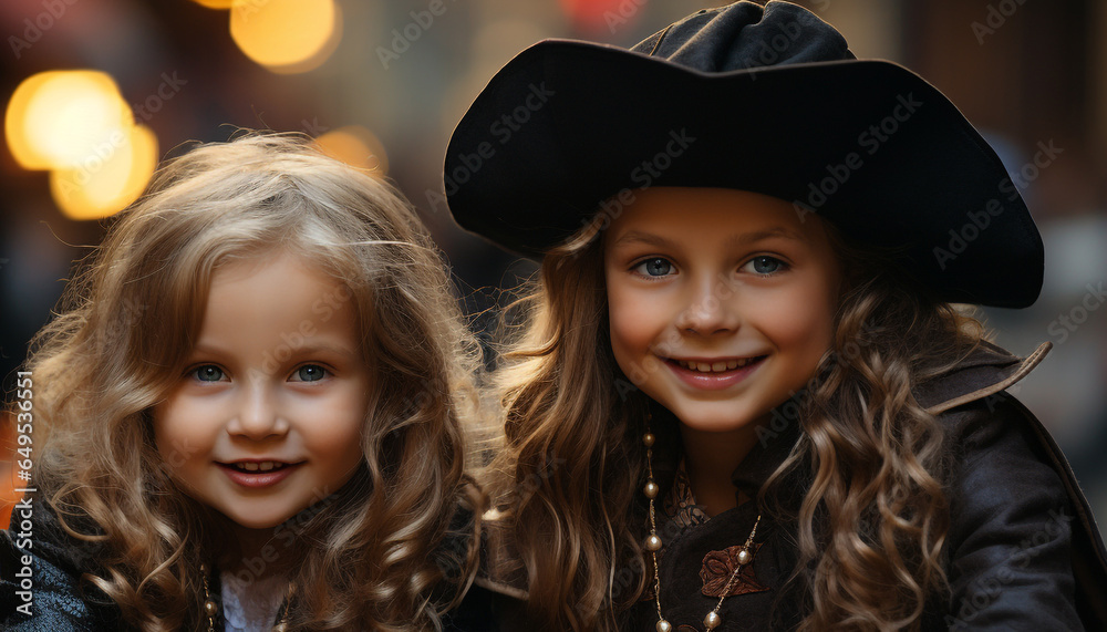 Two cute girls smiling, looking at camera, enjoying outdoors generated by AI Two cute girls smiling, looking at camera, enjoying outdoors generated by AI