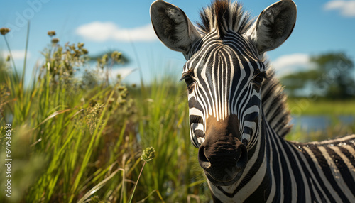 Zebra grazing on the plain, surrounded by African wilderness generated by AI