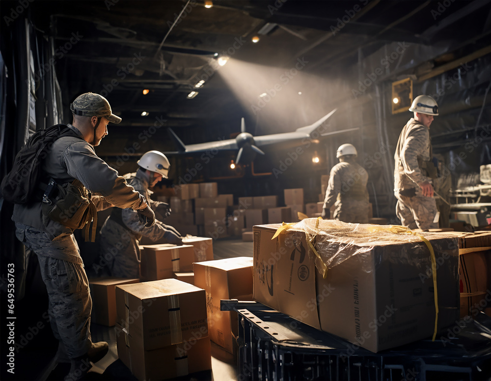 Unloading boxes of ammunition at a military airport - obrazy, fototapety, plakaty 