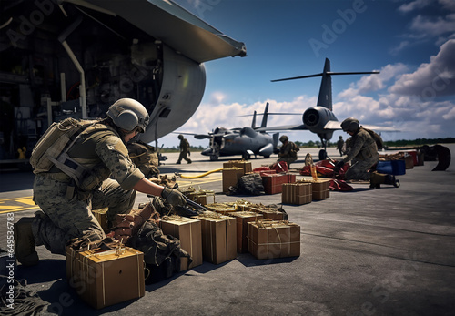 Unloading boxes of ammunition at a military airport photo