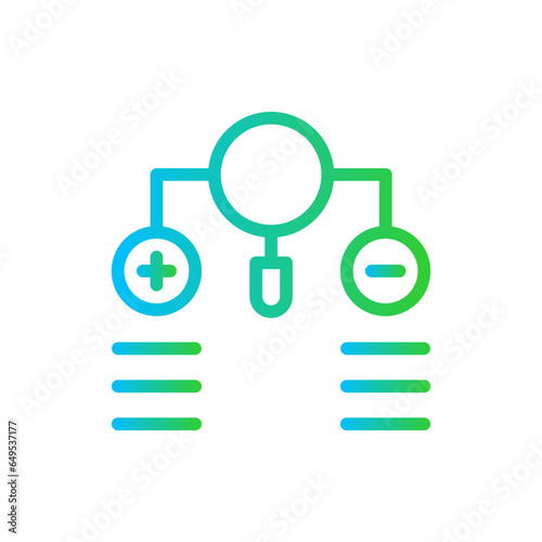 Pros and cons project management icon with blue and green gradient outline. choice, positive, pros, negative, cons, bad, good. Vector illustration