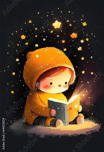 Cover book of kid standing on universe with cute little stars Created with Generative AI technology.