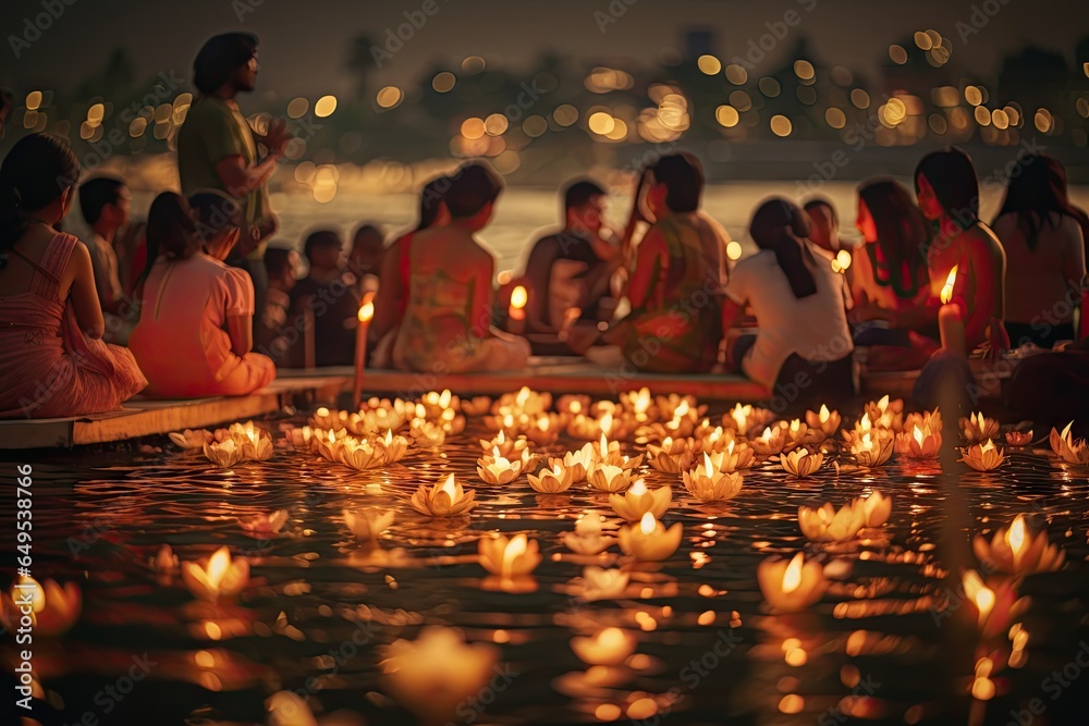 Loy Krathong festival in Thailand with crowd people and canal or river background. - obrazy, fototapety, plakaty 