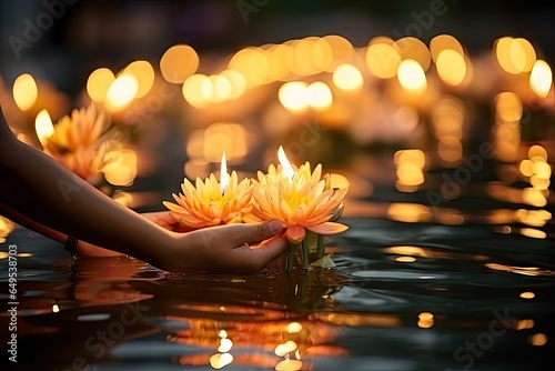 Loy Krathong festival in Thailand with crowd people and canal or river background. photo