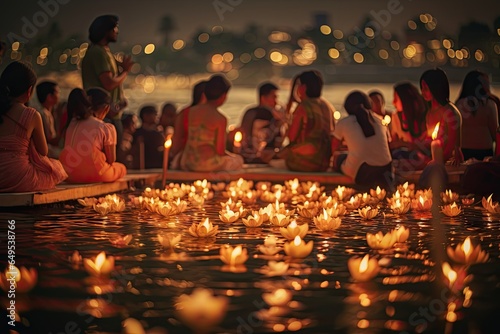 Loy Krathong festival in Thailand with crowd people and canal or river background.