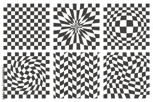 Checkerboard wavy patterns. Abstract chess square print. Black and white psychedelic optical illusion. Warped flag with geometric graphic. Y2k design for banner