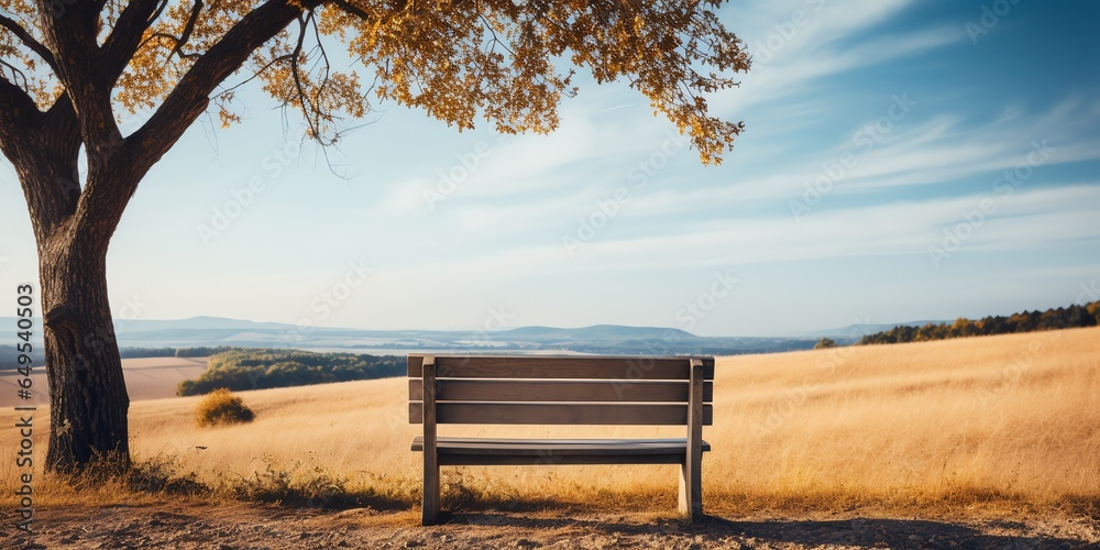 Alone bench under the tree - obrazy, fototapety, plakaty 