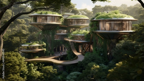 the serenity of a sustainable forest, where lush greenery thrives in harmony with eco-conscious design