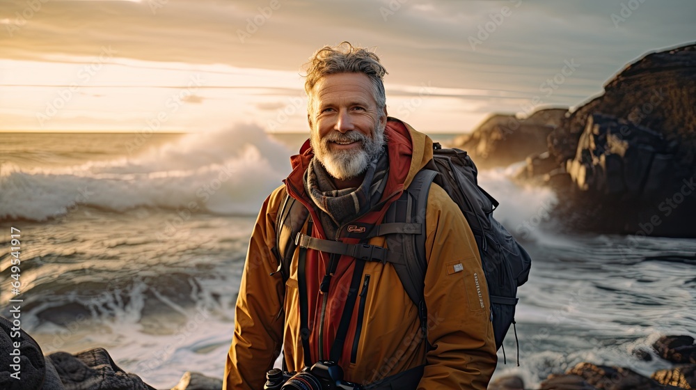 A man standing on a rocky shoreline at sunset AI Generative A man standing on a rocky shoreline at sunset AI Generative
