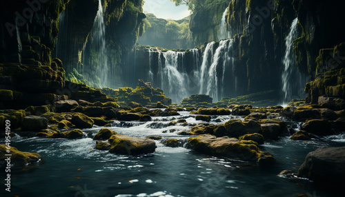 Tranquil forest  majestic waterfall  nature beauty in motion generated by AI