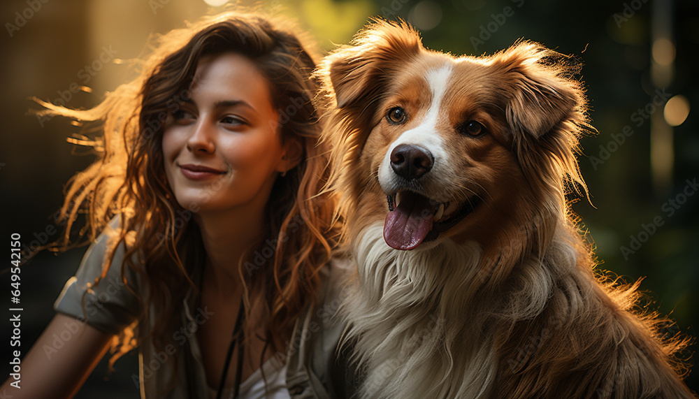 Smiling women embrace cute puppy, enjoying carefree outdoors together generated by AI