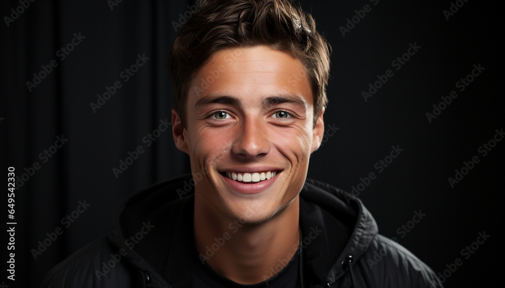 Fototapeta premium One cheerful man, smiling with confidence, looking at camera generated by AI