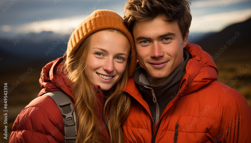 Young couple enjoying outdoor adventure, smiling and embracing in nature generated by AI